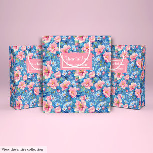 Sacola Para Presentes Média Azul pastel chico e floral de pré-disquete rosa pi