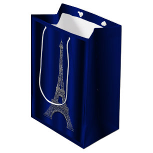 Sacola Para Presentes Média Azul Royal Prata Torre Eiffel Favor de Casamento P