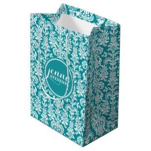 Sacola Para Presentes Média Azul-Verde e Damascos de Vintage Branco