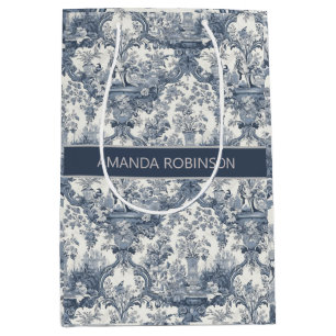 Sacola Para Presentes Média Azul Vintage Toile Floral Damasco Monograma