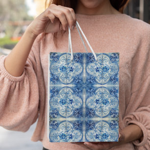 Sacola Para Presentes Média Azulejo antigo no Azul Delft