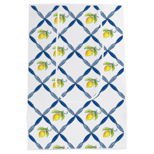 Sacola Para Presentes Média Azulejo Azul e Branco com Limões