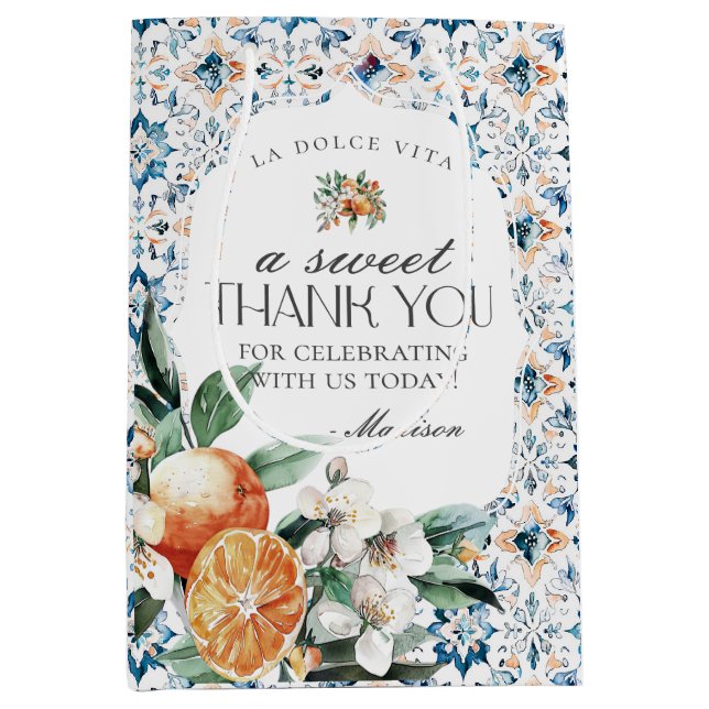 Sacola Para Presentes Média Azulejo da Toscana Laranja Cítrica Italiana Grega  (Frente)