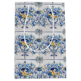 Sacola Para Presentes Média Azulejo italiano Chá de panela azul e branco Flora