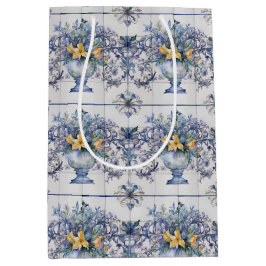 Sacola Para Presentes Média Azulejo italiano Chá de panela azul e branco Flora