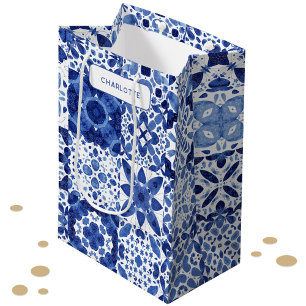 Sacola Para Presentes Média Azulejo Mediterrâneo Branco e Azul Personalizado
