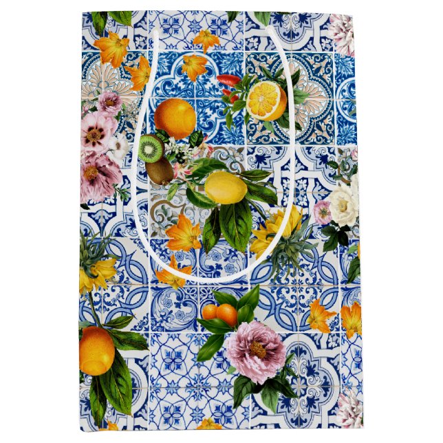 Sacola Para Presentes Média Azulejos de Buquê de Limão da Costa Amalfi Itália (Frente)