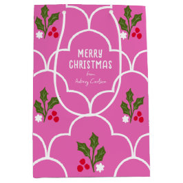 Sacola Para Presentes Média Azulejos de Natal Brilhantes, Rosa