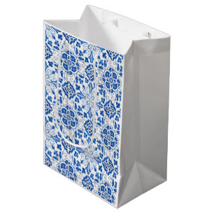 Sacola Para Presentes Média Azulejos Portugueses Floral Azul Mediterrâneo
