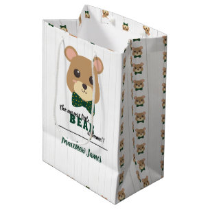 Sacola Para Presentes Média Baby Boy Bear Green e Dourado