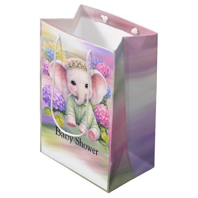 Sacola Para Presentes Média Baby Elephant with Hydrangeas Baby Shower  (Frente inclinada)