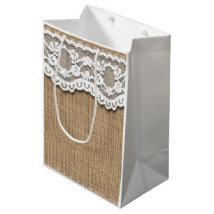 Sacola Para Presentes Média Bag de Papel Russo Burlap e Lace Effect