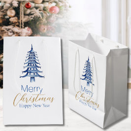 Sacola Para Presentes Média Bag de presente de árvore de Natal Pagoda Azul