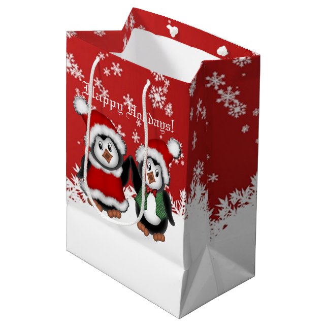 Sacola Para Presentes Média Bag de presente para pinguins de Natal bonitos (Frente inclinada)