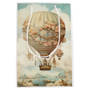 Sacola Para Presentes Média Balão de Ar Quente Azul Floral Azul Vintage Steamp