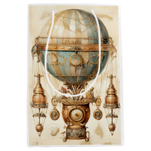 Sacola Para Presentes Média Balão de Ar Quente Azul Vintage Steampunk (3)