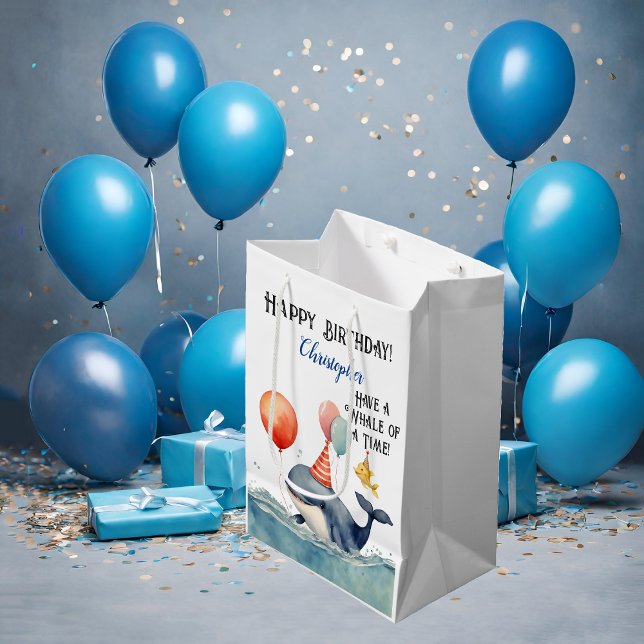 Sacola Para Presentes Média Baleia de um Aniversário Personalizado do Tempo (Criador carregado)
