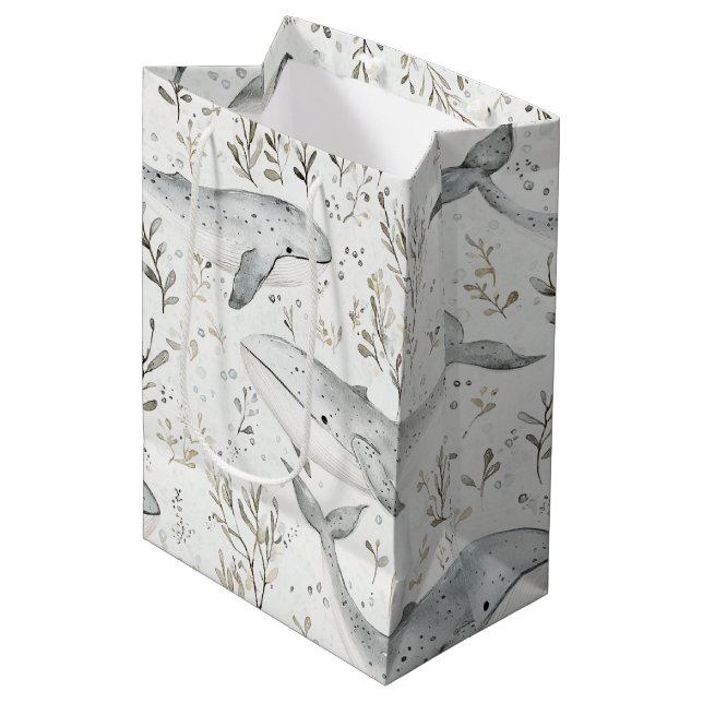 Sacola Para Presentes Média Baleias de Cinzas do Oceano de Praia (Frente inclinada)