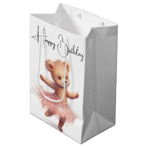 Sacola Para Presentes Média Ballerina Bear de Aniversário com Tutu