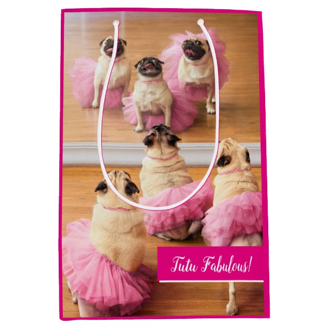 Sacola Para Presentes Média Ballerina Pugs Em Tutus (Frente)