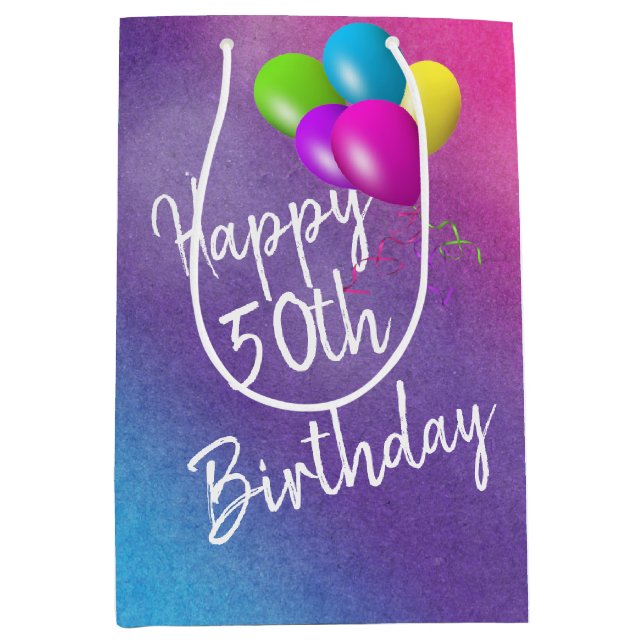 Sacola Para Presentes Média Balões de 50º Aniversário no Arco-íris (Frente)