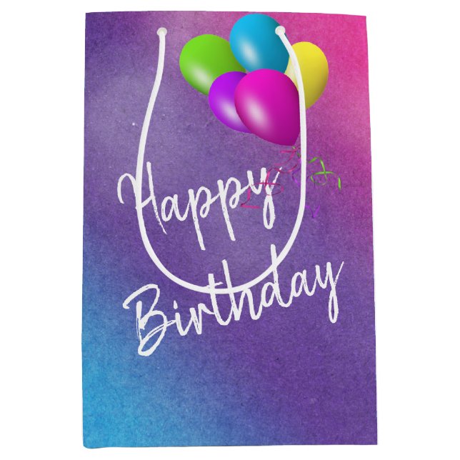 Sacola Para Presentes Média Balões De Aniversário No Arco-Íris (Frente)