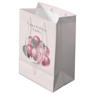 Sacola Para Presentes Média Balões de brilho rosa e prata de aniversário