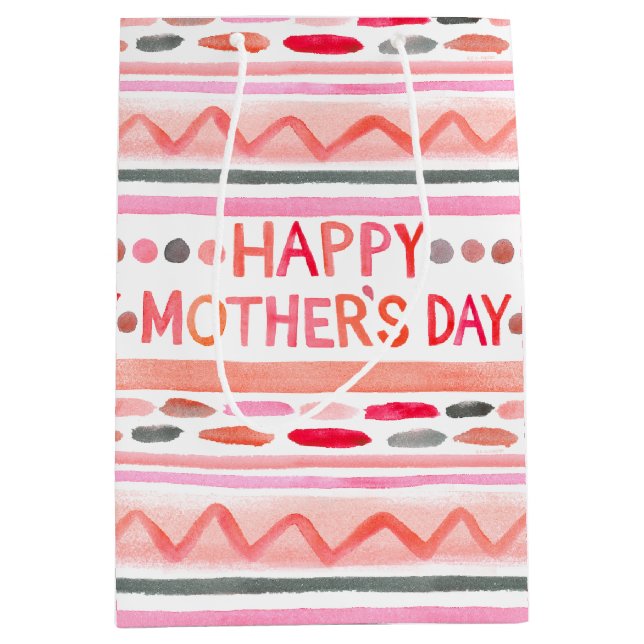 Sacola Para Presentes Média Bandas de Aquarela Rosa-Rosa-Dia de as mães Feliz (Frente)