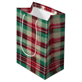 Sacola Para Presentes Média Bandas de Xadrez Vermelhos de Feriado