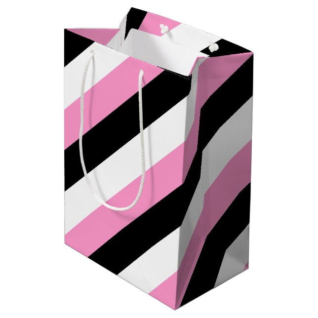 Sacola Para Presentes Média Bandas Pretas, Brancas e Rosa (Verso inclinado)