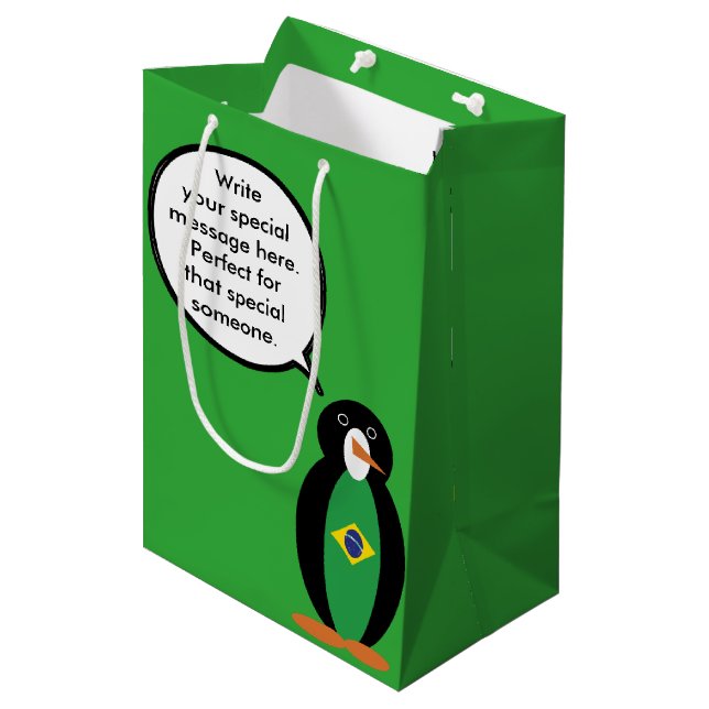 Sacola Para Presentes Média Bandeira Brasileira Falando Sra. Penguin Personali (Frente inclinada)