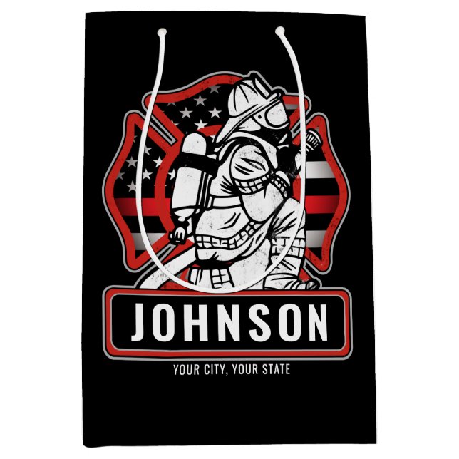 Sacola Para Presentes Média Bandeira Patriótica do Bombeiro Personalizado (Frente)