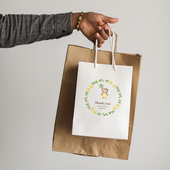 Sacola Para Presentes Média Bar Bonito Aniversário (Bear 1st Birthday Paper Bag)