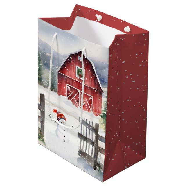 Sacola Para Presentes Média Barn de Natal Aquarela com Neve (Frente inclinada)