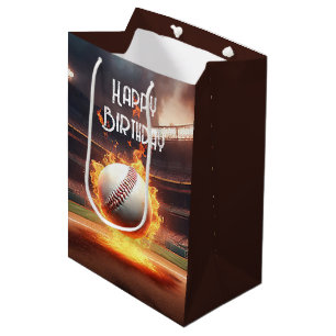 Sacola Para Presentes Média Basebol de Aniversário em Chamas