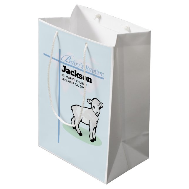 Sacola Para Presentes Média Batismo Blue Boy Lamb, Personalizável (Frente inclinada)