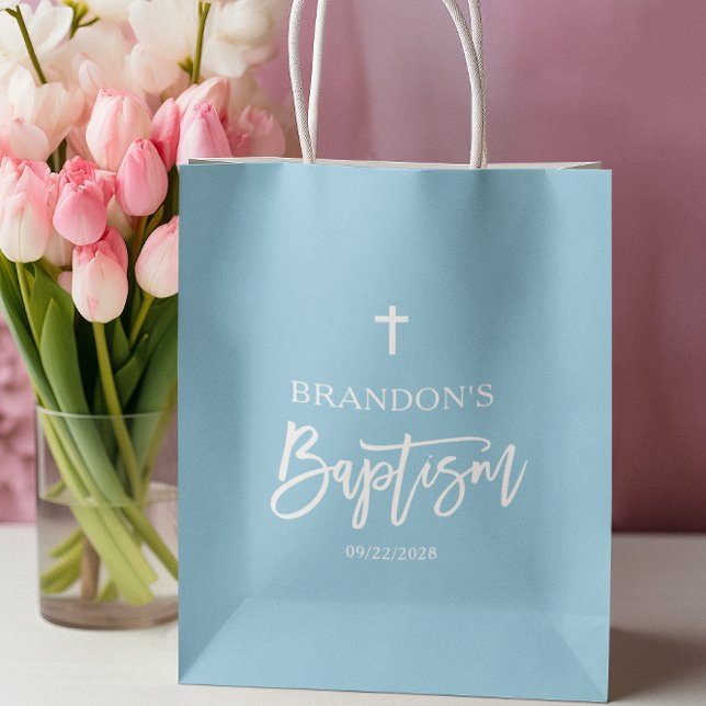 Sacola Para Presentes Média Batismo do Menino Azul Moderno (Criador carregado)