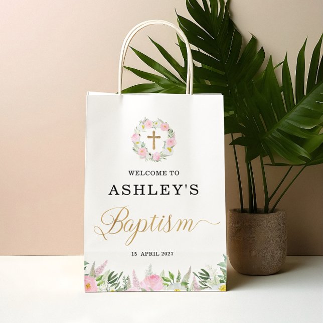 Sacola Para Presentes Média Batismo Dourado Rosa (Criador carregado)