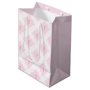 Sacola Para Presentes Média Batismo elegante de padrão branco-transversal cor-