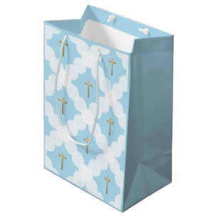 Sacola Para Presentes Média Batismo Moderno Dourado Azul