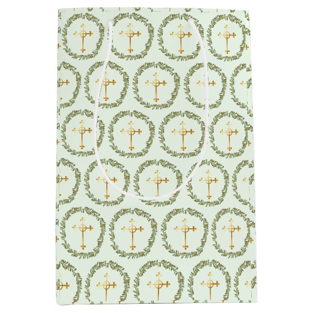 Sacola Para Presentes Média Batismo Olive Wreath & Ouro Cross (Frente)