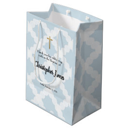 Sacola Para Presentes Média Batismo personalizado Baby Boy Blue Dourado Cross