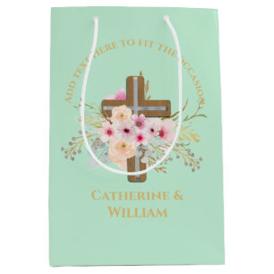 Sacola Para Presentes Média Batismo Personalizado e Cruz Floral de Natal