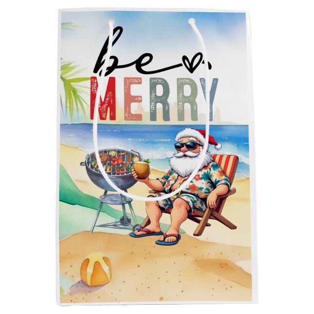 Sacola Para Presentes Média Beach Christmas with Surfer Santa Barbecue  (Frente)