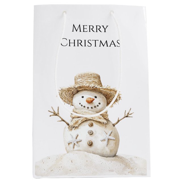 Sacola Para Presentes Média Beach Coast Snowman Christmas (Frente)
