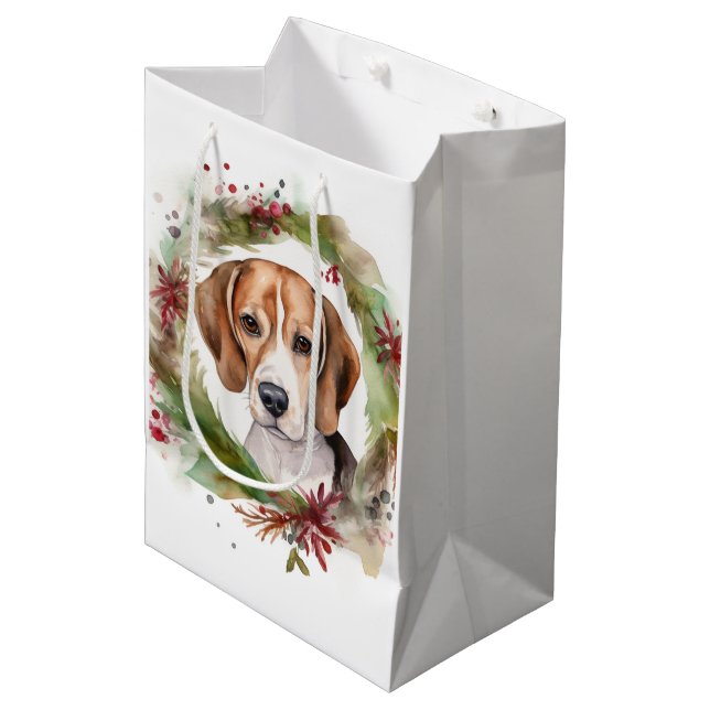 Sacola Para Presentes Média Beagle Christmas Wreath Festivo Pup (Frente inclinada)