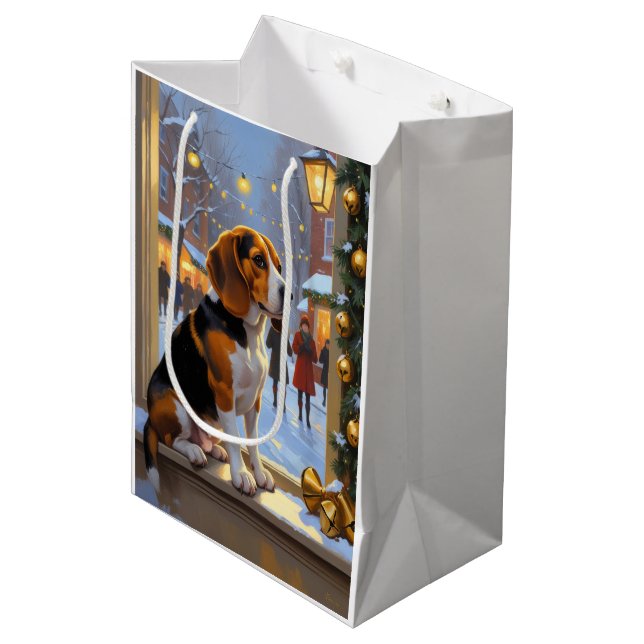 Sacola Para Presentes Média Beagle Com Luzes De Natal Feriado (Frente inclinada)