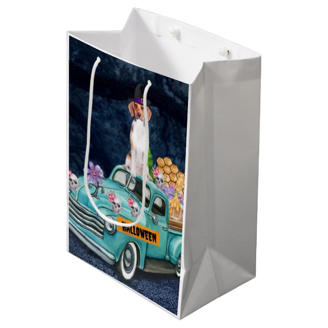 Sacola Para Presentes Média Beagle Dog Halloween Truck Noite Assustadora (Frente inclinada)
