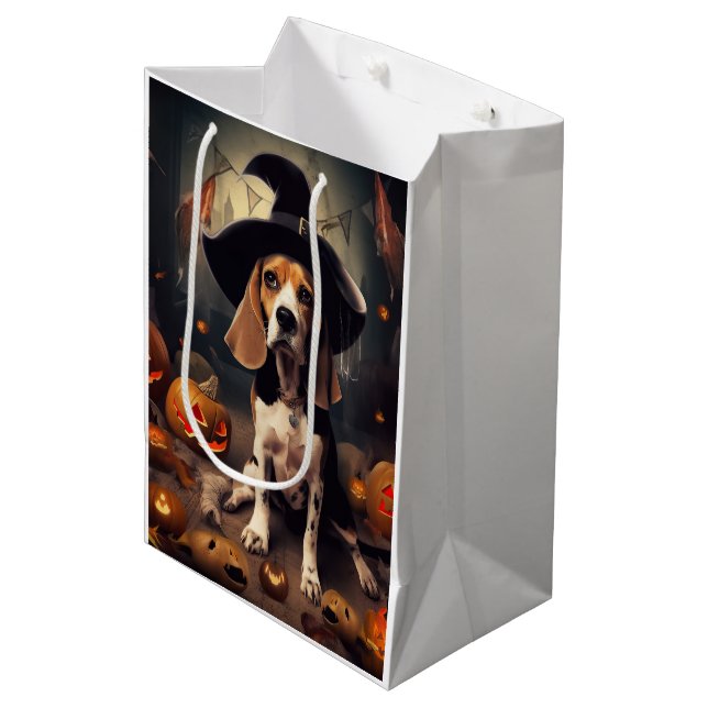 Sacola Para Presentes Média Beagle Pumpkins Halloween Assustado (Frente inclinada)