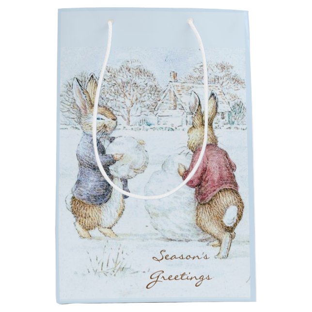 Sacola Para Presentes Média Beatrix Potter Snowman e Bunnies Holiday (Frente)